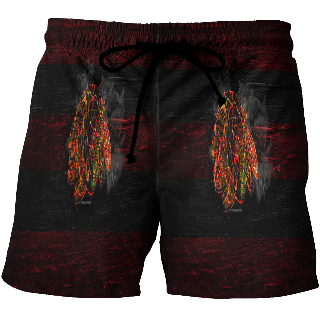 Chicago Blackhawks Emblem Wood Burning 3D All Over Print Summer Beach Hawaiian Short