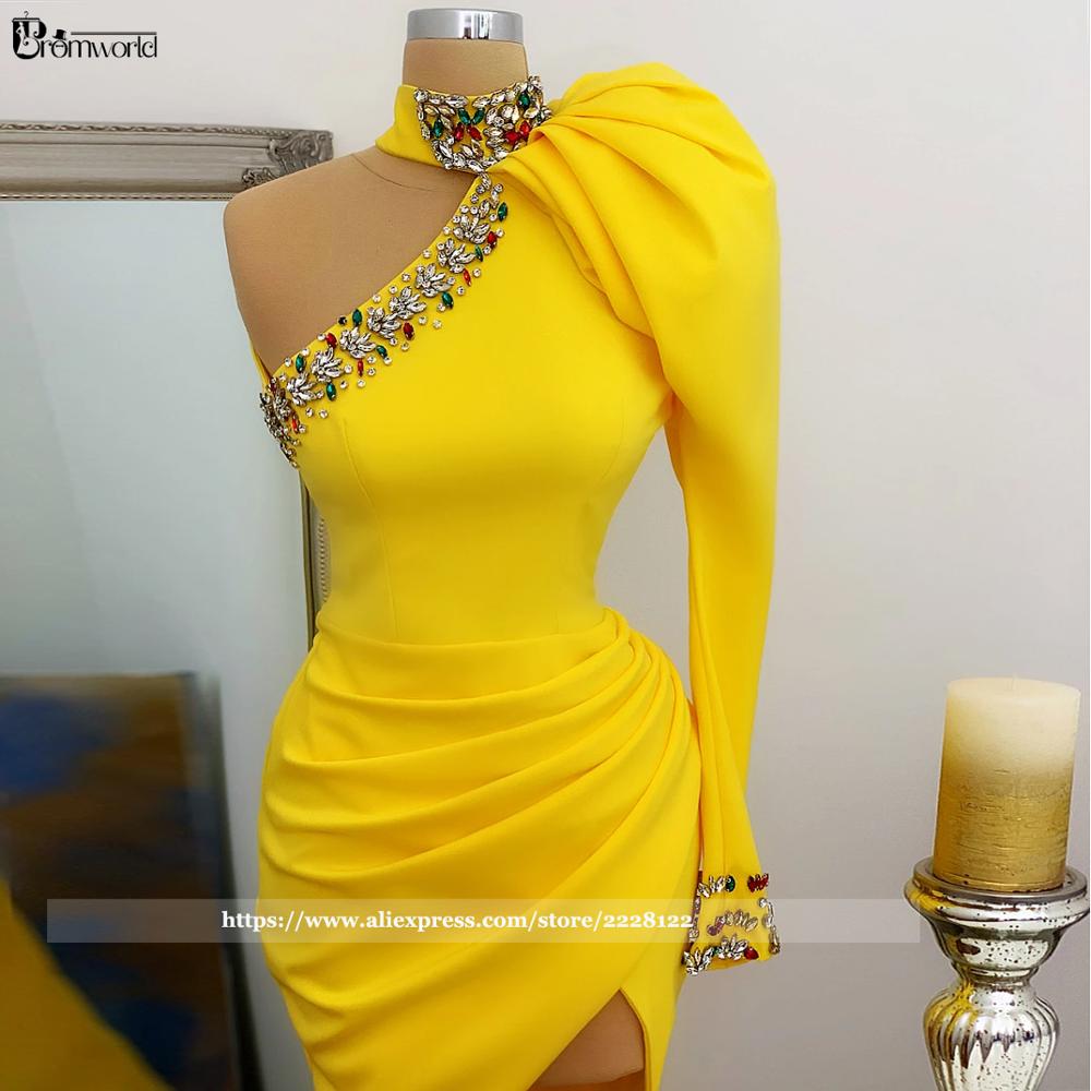 Yellow Prom Dresses Long Sleeve One Shoulder Crystal Satin High Neck Sexy Slit Party Maxys Vestidos De Gala Formal Prom Gown alx