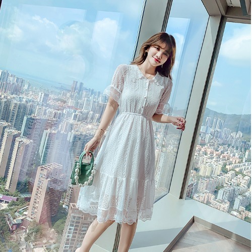 Summer White Lace Knee Length Dress Women Ruffle Petal Sleeve Button High Waist Fashion Dresses for Party Wedding Clothes Female alx