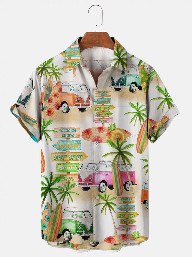 Camper Van Beach Print Short Sleeve Hawaii Shirt Ha87668