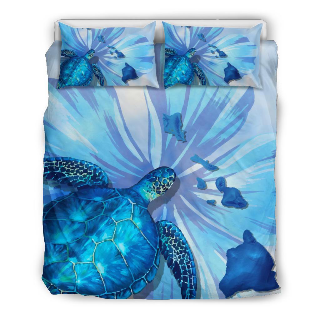 Hawaiian Map Hibiscus Flower Turtle Polynesian Bedding Set Blue – AH – J4