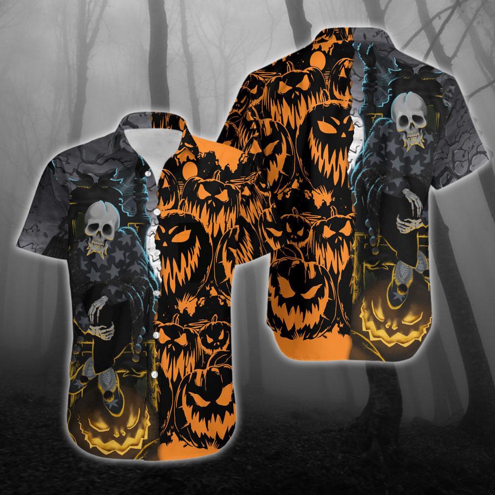 Black Orange Pumpkin Halloween Hawaii Unisex Print Aloha Short Sleeve Casual Shirt Ha58825