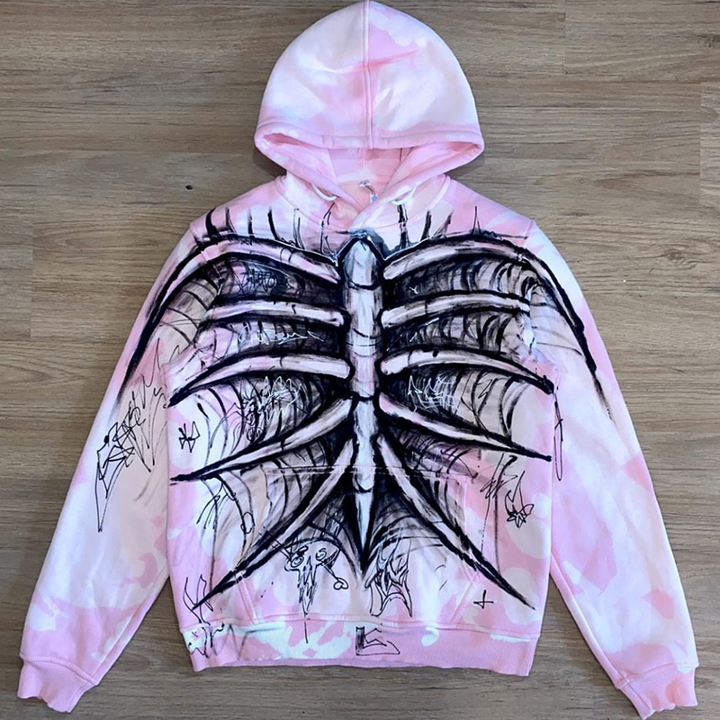 Skull Graffiti Print Pink Hoodie Pullover Gothic Harajuku Y2k Clothes 2022 New Women Hip-hop High Street Sweatshirts Streetwear alx