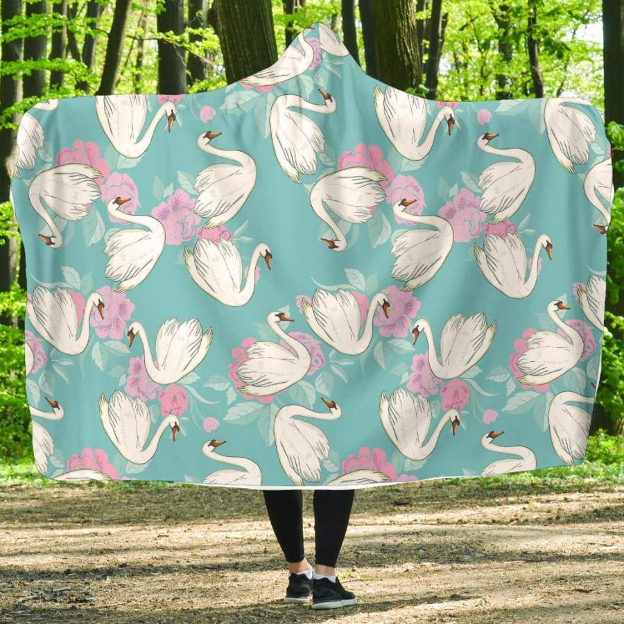 Floral Swan Pattern Print Hooded Blanket