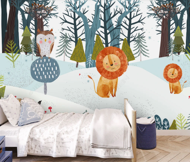 3D Hand Drawn Cartoon Animal Lion Owl Plant Forest Wall Mural Wallpaper Lll 2849