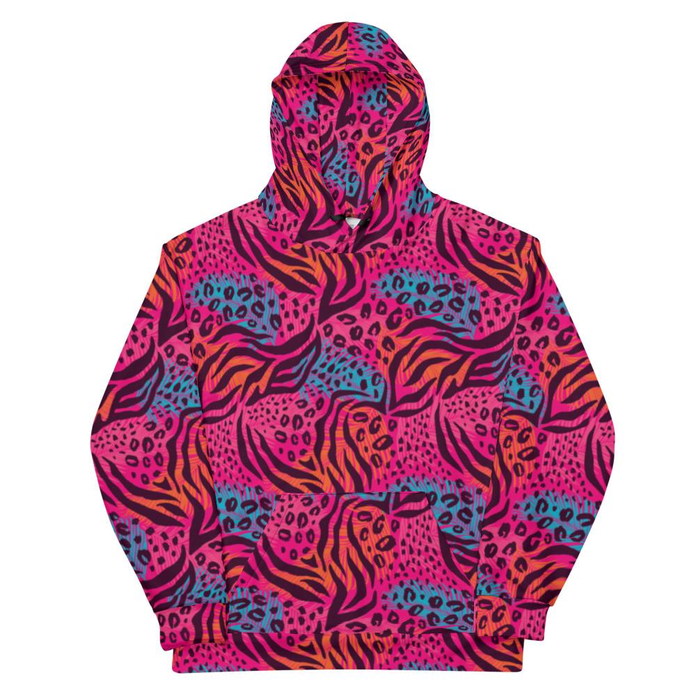 Colorful Pink Animal Print Feathers Unisex Hoodie, Leopard Print Unisex Hoodie