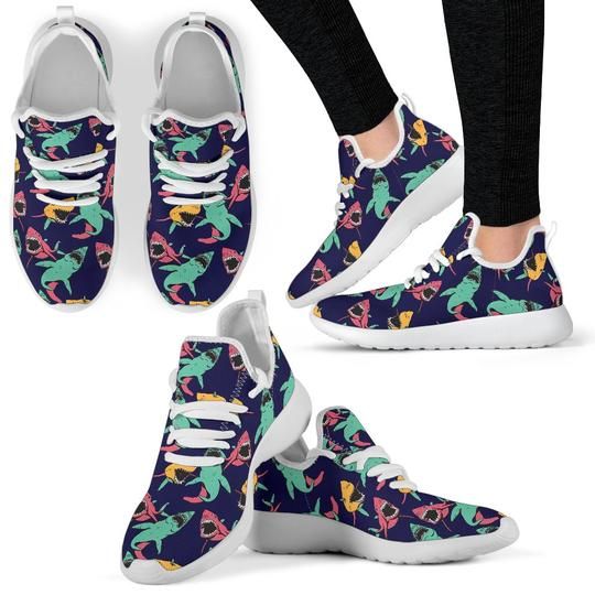 Shark Bite Pattern Mesh Knit Sneakers Shoes For Women, Men