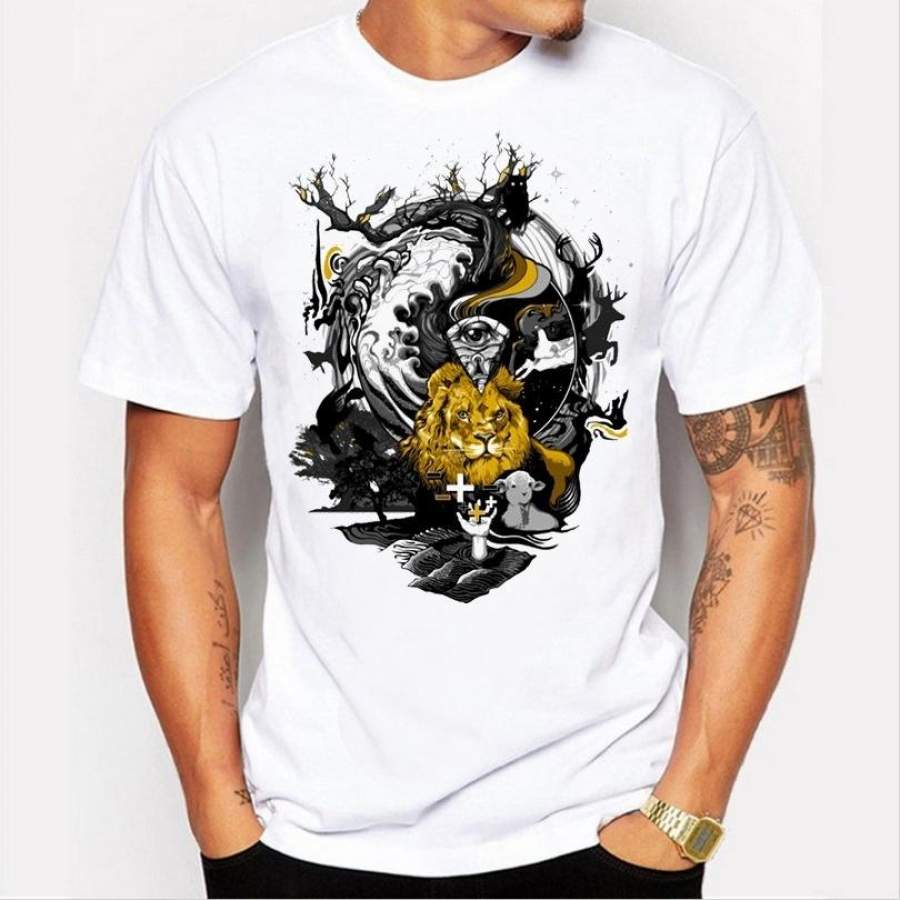 2017 Summer Fashion T-Shirt White T-Shirt Personalized Retro Lion T-Shirt Men’S