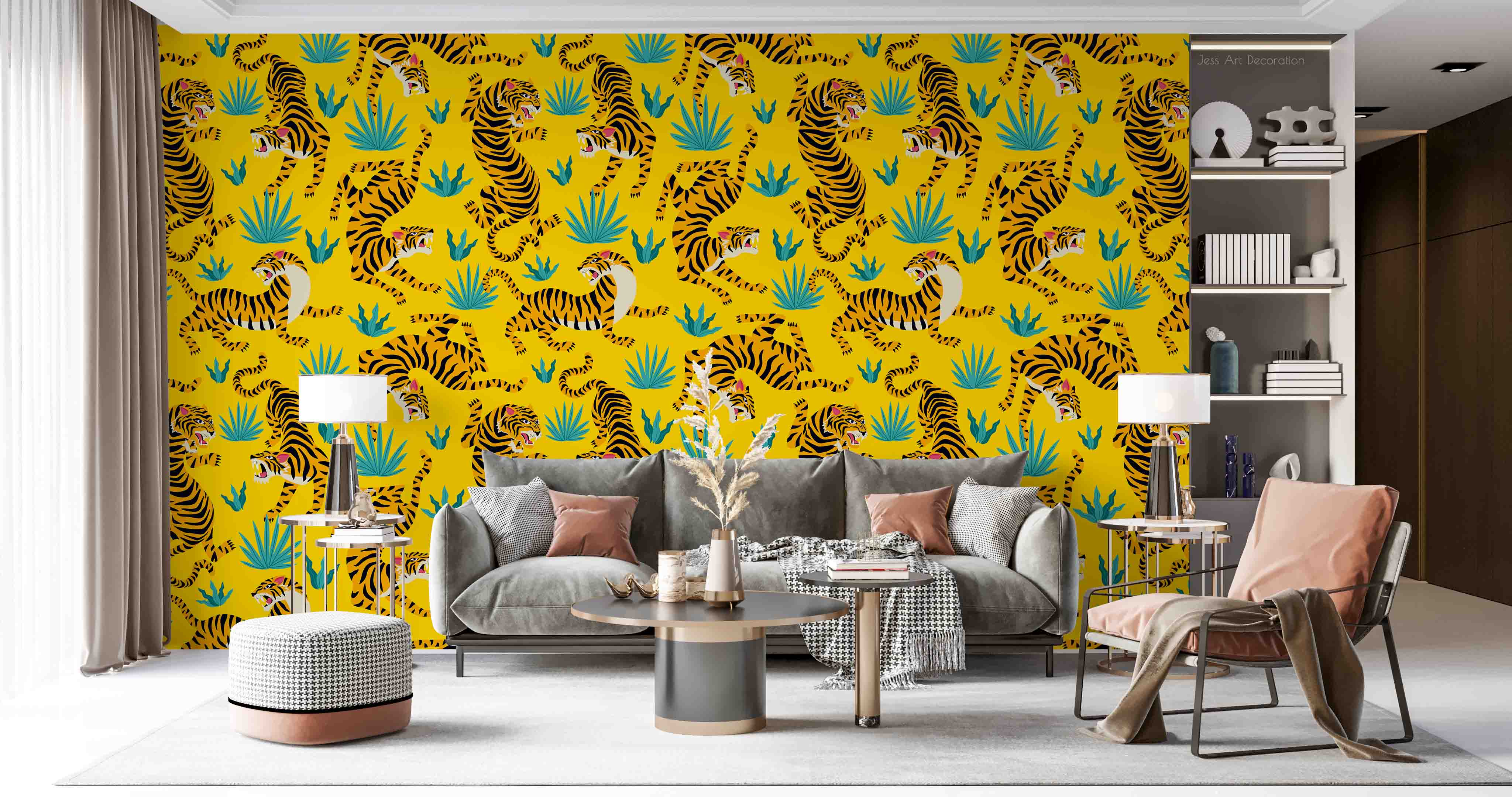 3D Tiger Green Plant Yellow Pattern Wall Mural Wallpaper Gd 2636