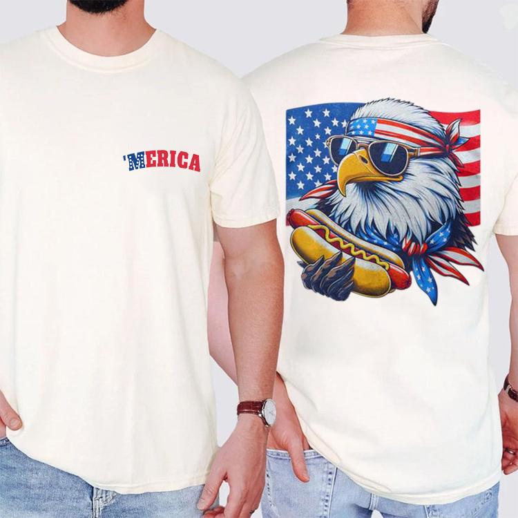 2-Sides Hotdog Merica Bald Eagle American Flag 4Th  T-Shirt, western shirt, cool tshirts, drinking shirt, viral beer shirt, drink shirt, dirty tshirt