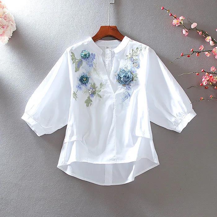 Women 2022 Spring Summer Fashion Floral Embroidered Shirts Tops Female Loose Leisure Shirts Ladies V-neck Loose Blouses Y237 alx