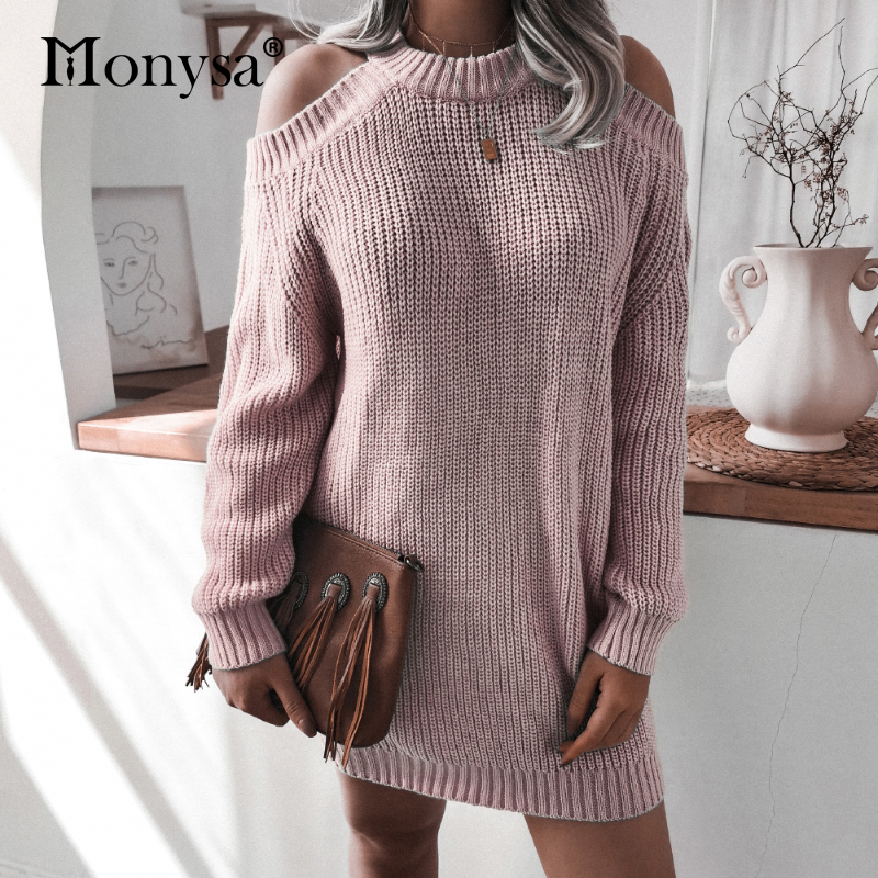 Casual Off Shoulder Dress Women 2021 Autumn New Arrival Brief Loose Knitted Dresses Ladies Winter Sweater Dress Blue Grey Pink alx