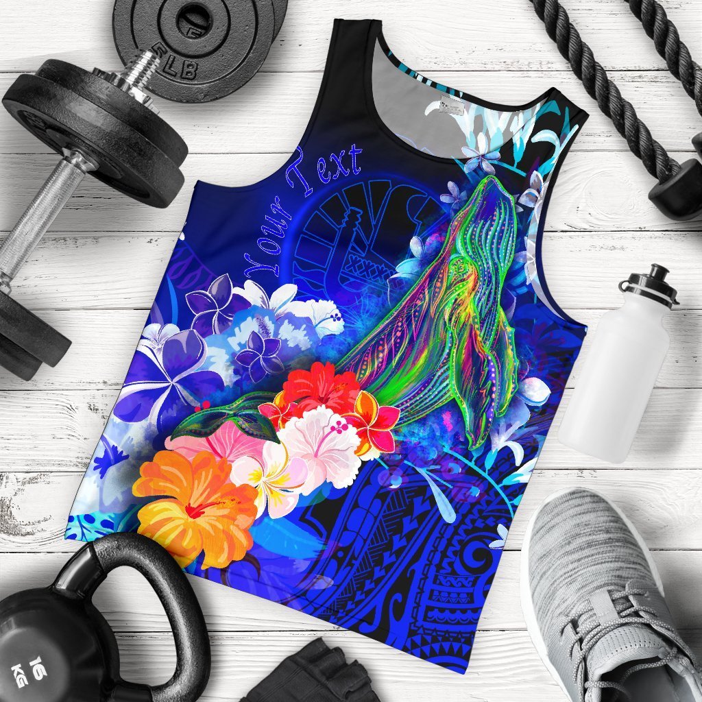 Tahiti Custom Personalised Men’S Tank Top – Humpback Whale With Tropical Flowers Blue