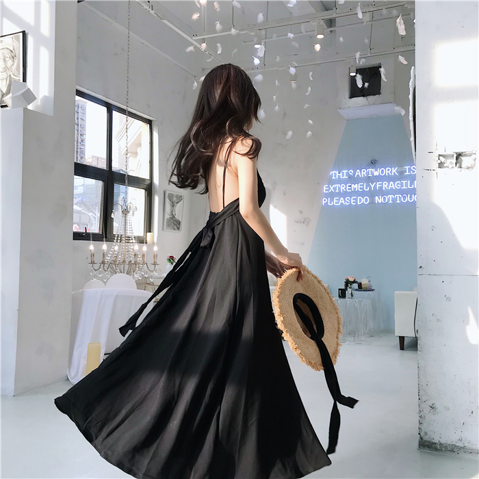 Women Summer Dress Sexy Spaghetti Strap Backless Back Belt Long Dress Retro Temperament Strapless Beach Dress Female Vestidos alx