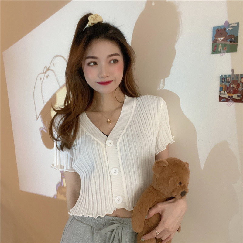 Women Ruffle V Neck Short Sleeve Cropped Knitted Tops 2022 Lady Summer Fashion Knitted Button Cardigan Sweaters WDC718 alx