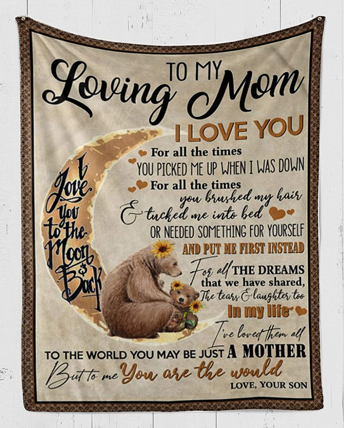 Fleece Blanket – to My Loving Mom – Bear and Moon Fleece Blanket – Fleece Blanket 3D Soft Cozy Lightweight Durable Plush Throw Blanket for Bedroom Living, Gift for Mother