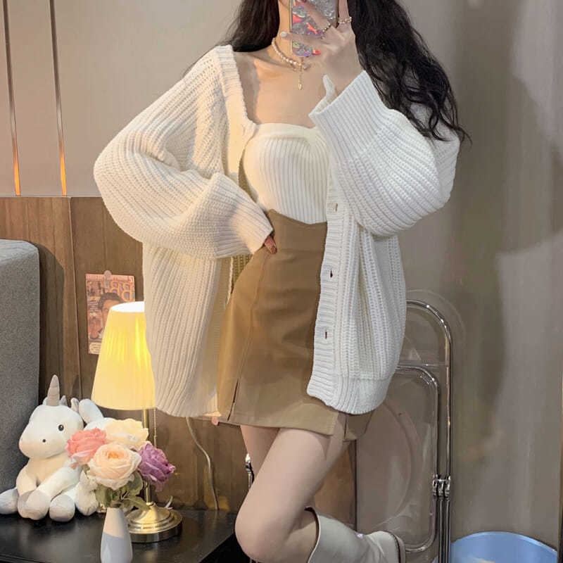 Three Piece Sets Womens Outifits Sweet Knitted Cardigans Sweaters Strapless Straps Khaki Skirt Solid Womans ClothesAutumn Sets alx