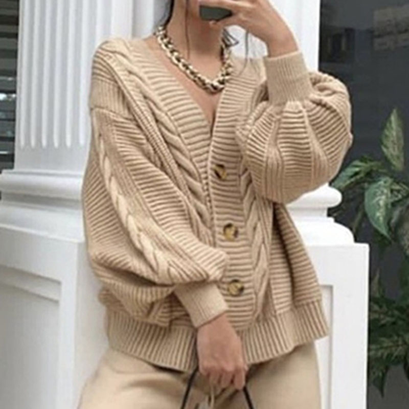 2022 Autumn Winter V-neck Solid Color Long Sleeve Cardigan Fashion Women Knitted Loose Sweater Single-breasted Sexy Sweater Coat alx