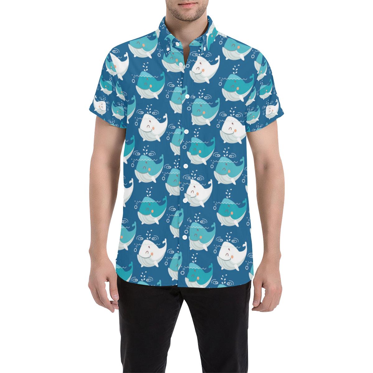 Blue Whale Pattern Print Design 01 Men Button Up Shirt