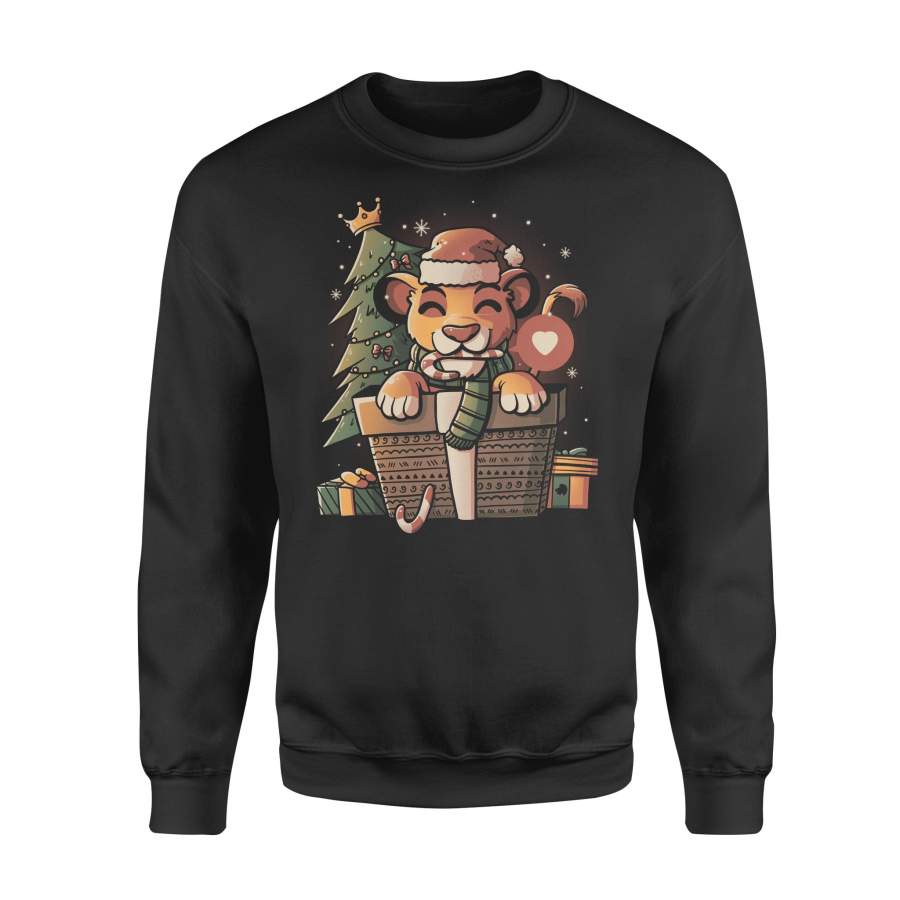 Christmas Gift Adorable Lion Dressed In Santa Claus’s Outfit Is Eating Candy Cane In A Gift Box Next To The Crown Pine – Standard Crew Neck Sweatshirt