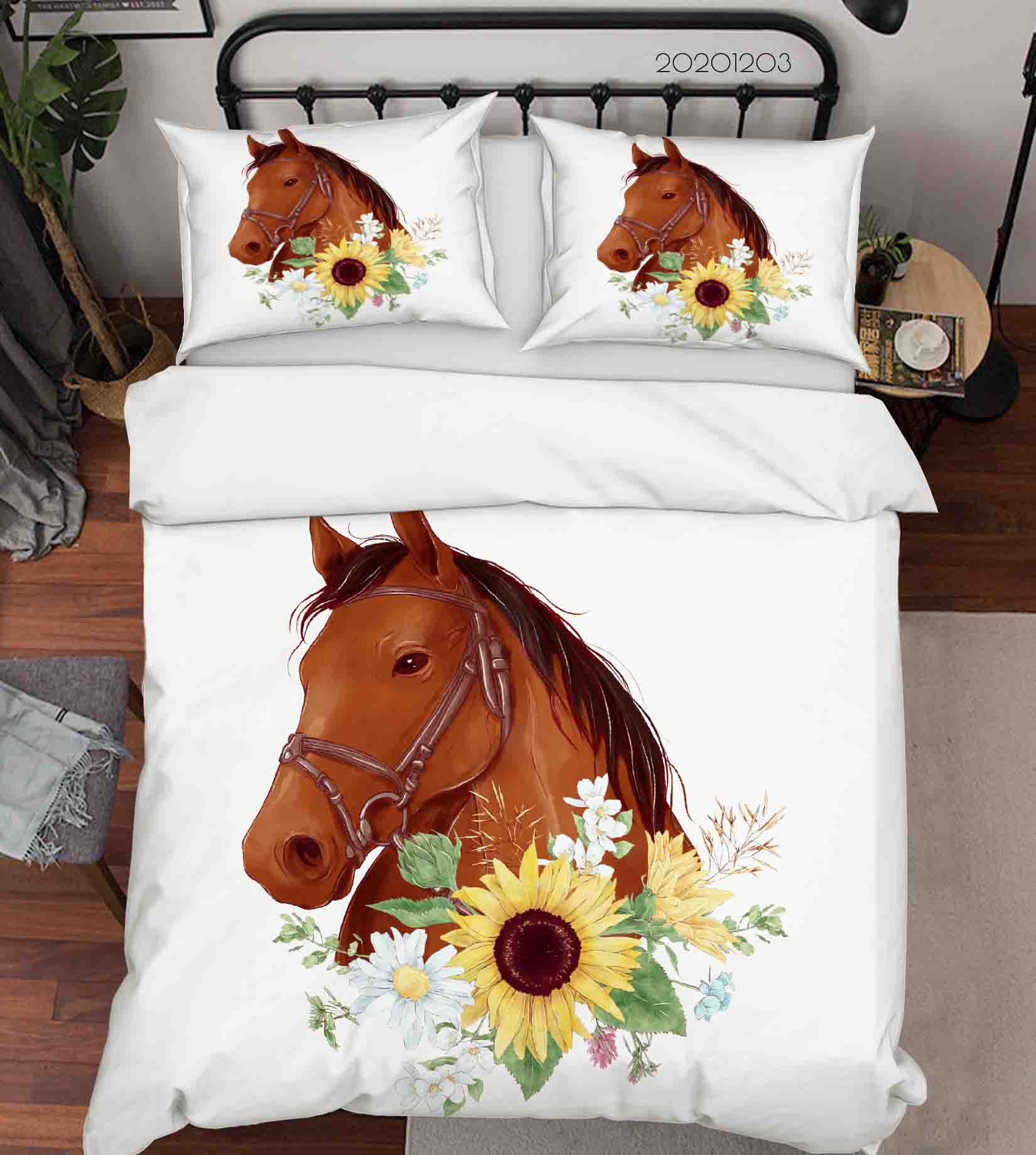 3D Hand Drawn Fine Art Brown Horse Animal Sun Flower Yellow Floral Quilt Cover Set Bedding Set Duvet Cover Pillowcases Lxl