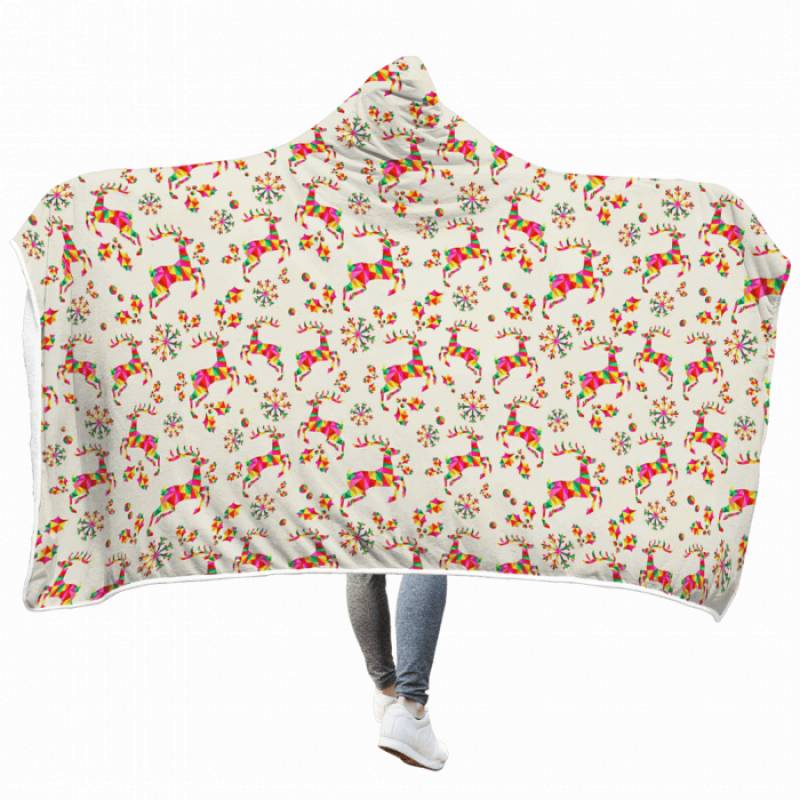 3D Colorful Reindeer And Snow Flower On Christmas Custom Hooded Blanket