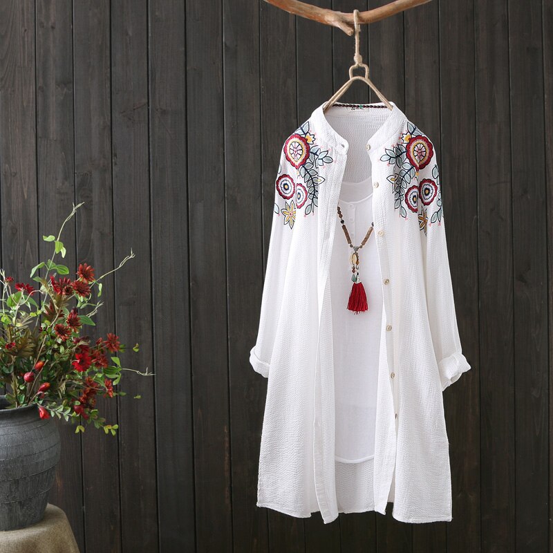 Women White Shirt 100% Cotton Embroidery Long Sleeve Button Up Blouse 2020 New Fashion Loose Top Office Lady Casual Wear alx