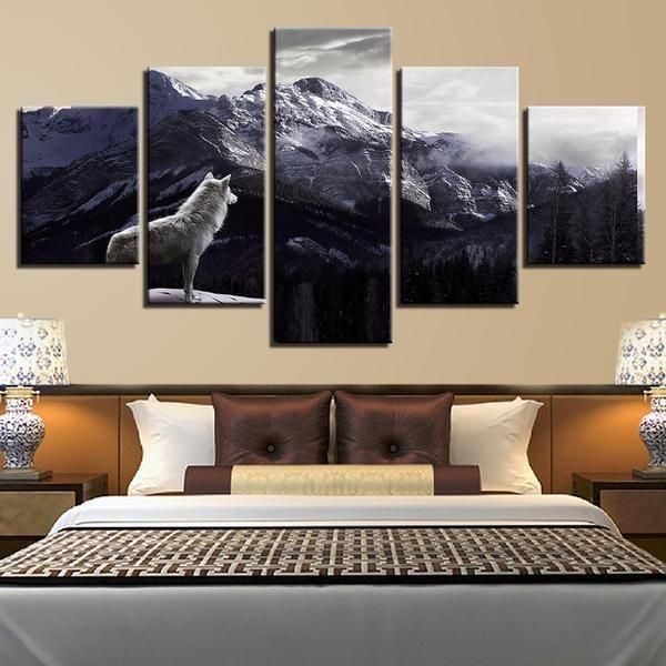 Wolf Mountain 2 Animal 5 Panel Canvas Art Wall Decor