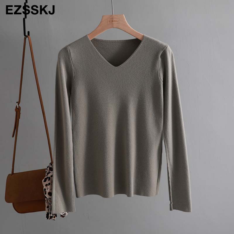 chic casual Autumn Winter Basic Sweater pullovers Women v-neck Solid Knit Slim Pullover female Long Sleeve warm Khaki Sweater alx