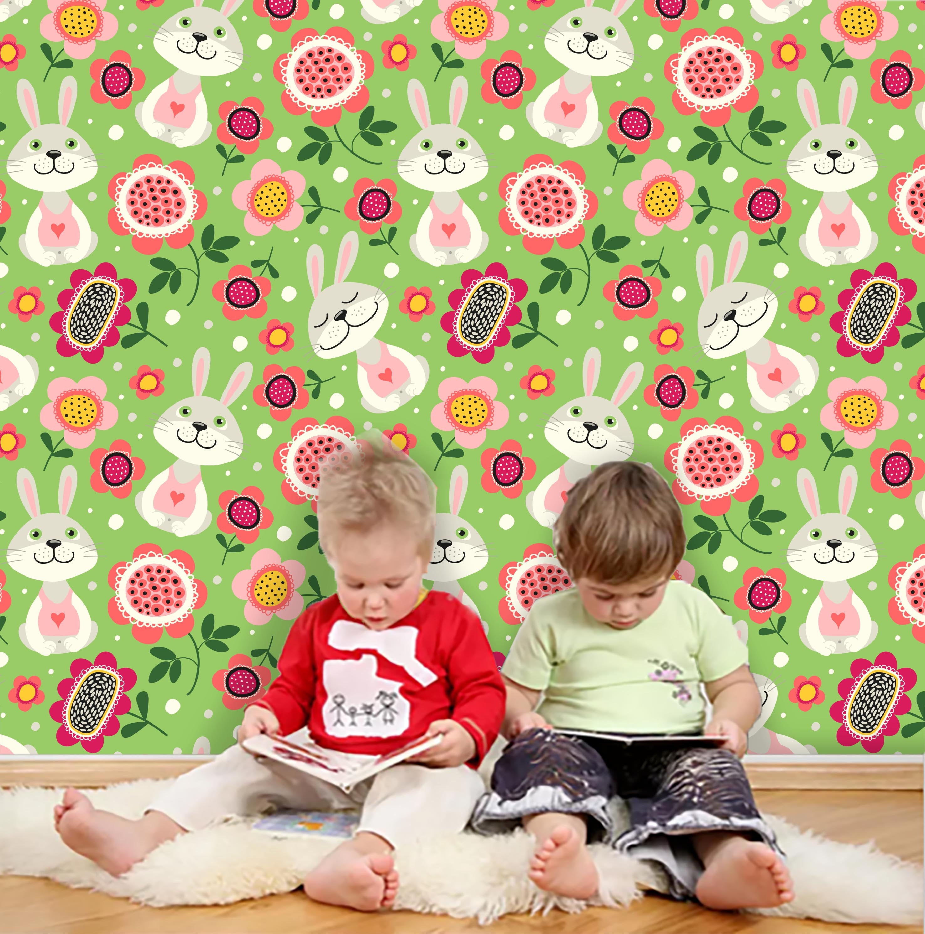 3D Kids, Cartoon, Rabbit, Grass Wallpaper-Nursery