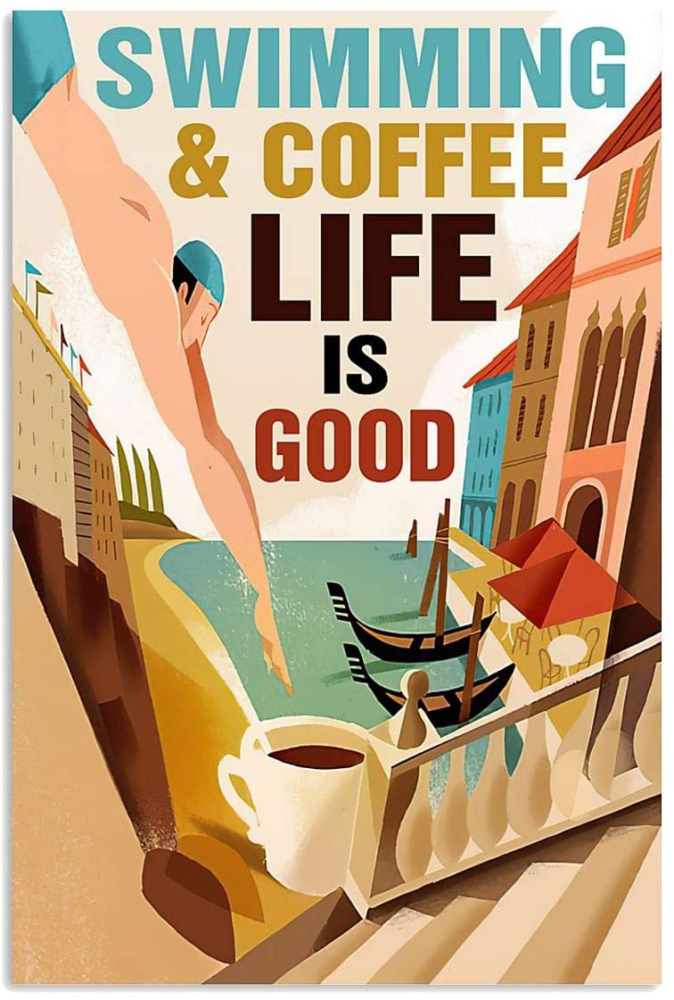 Vintage Swimming And Coffee Life Is Good Poster Art Print      Home Decor Gift For Men Women Family Frd On Birthday Xmas