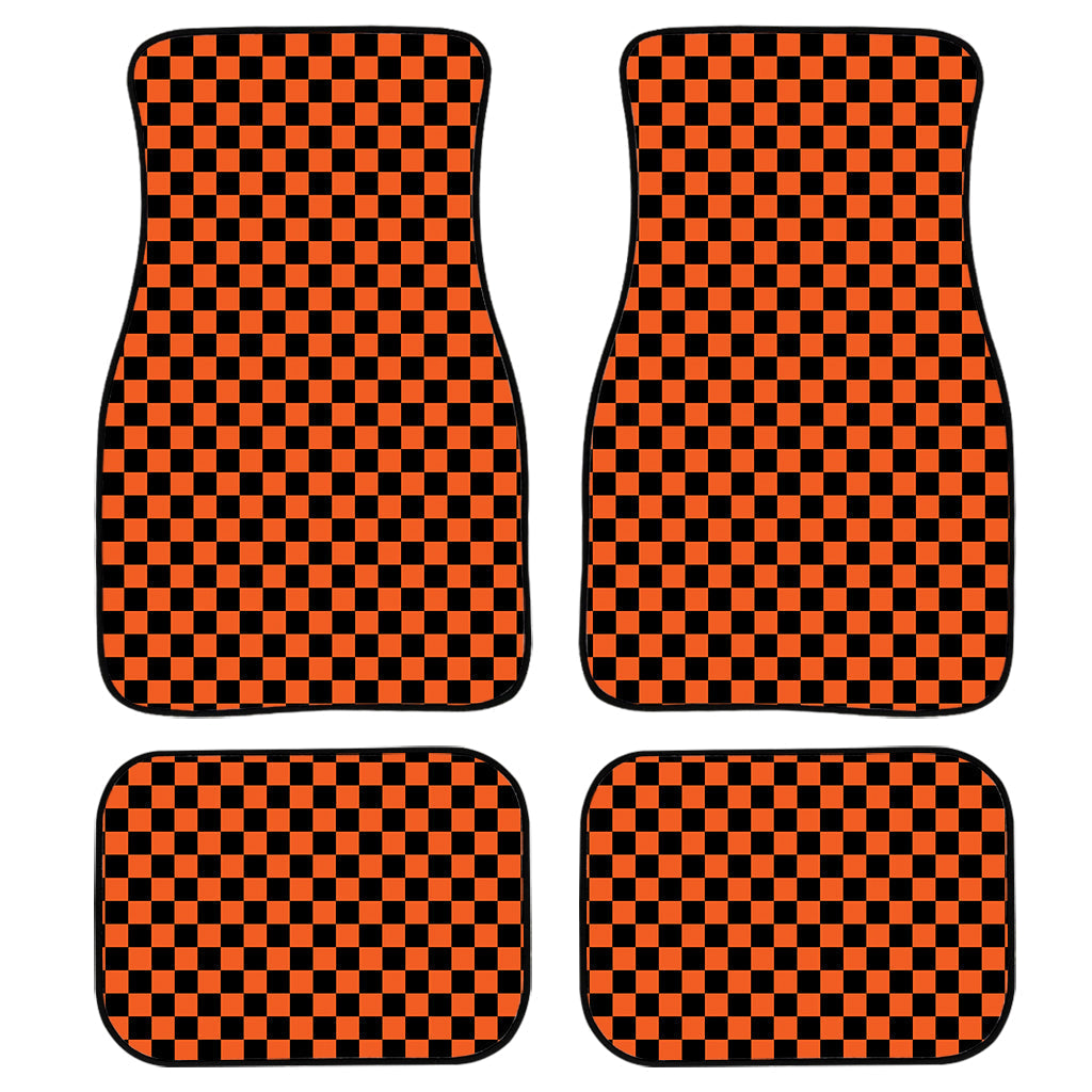 Orange And Black Checkered Pattern Print Front And Back Car Floor Mats, Front Car Mat