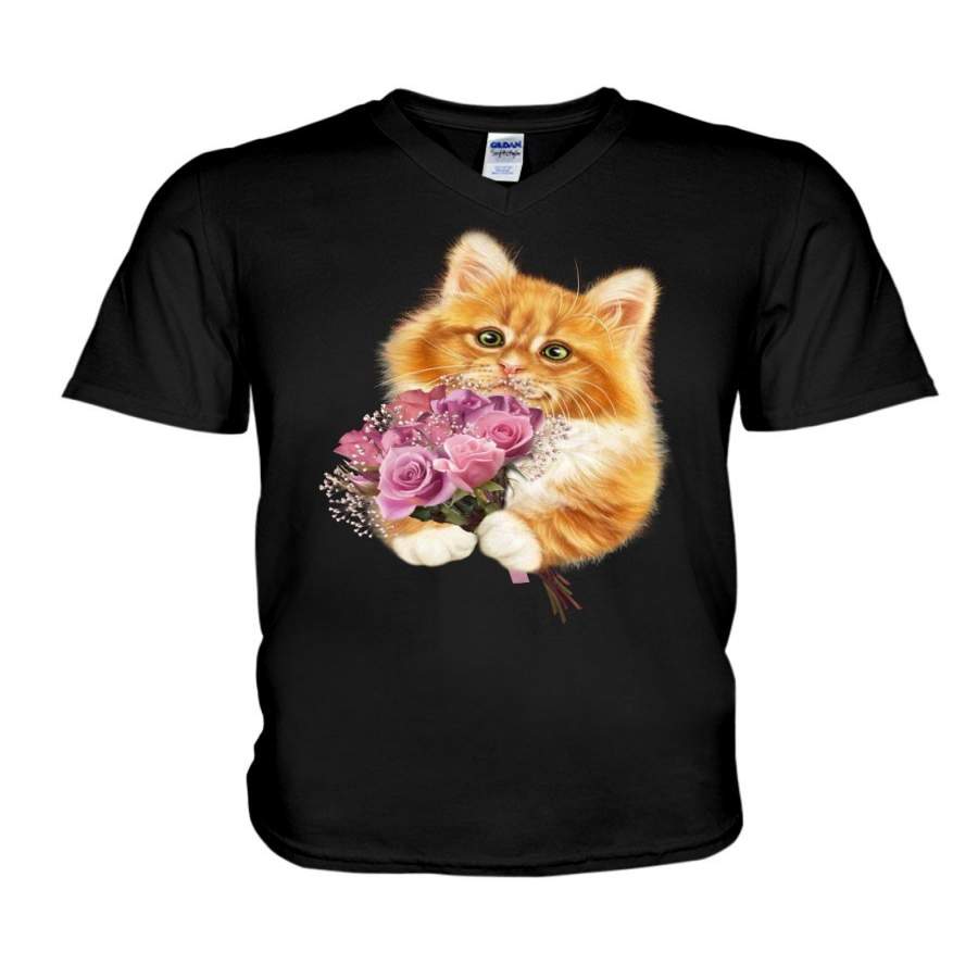 Cute Kitten With Roses T-Shirt Guys V-Neck