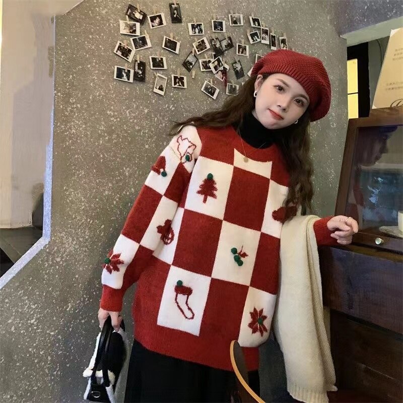 The Christmas Sweater Vintage Oversize Winter Clothes Women Long Sleeve Y2k Aesthetic Arajuku Fashion Red Lattice Knit Pulovers alx