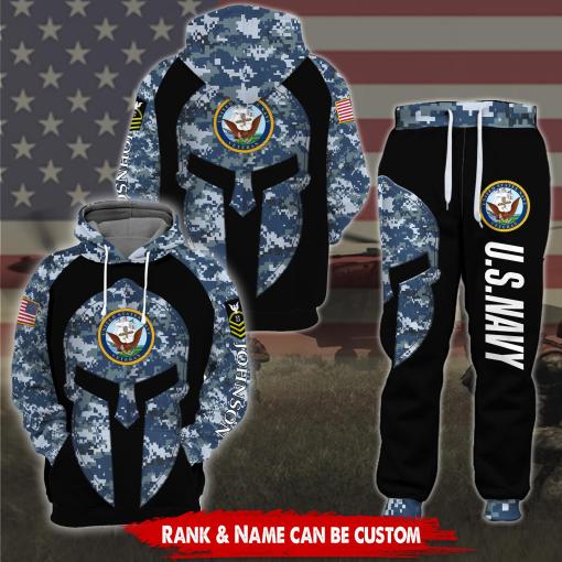 U.S Navy Veteran Spatan Helmet Camo Gift For Veteran Military Gift Custom Hoodie And Jogger Custom Name And Rank Veteran Hoodie All Over Printed