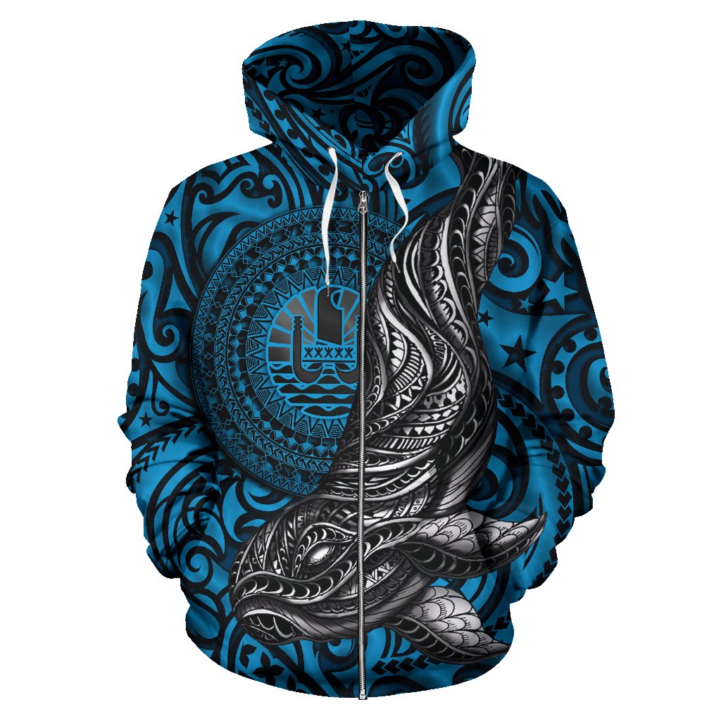 French Polynesia Zipper Hoodie, Blue Whale Tattoo Zip-Up Hoodie TH5