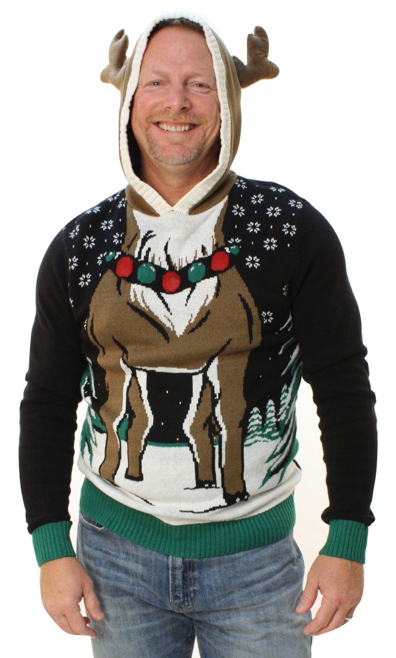 Ugly Christmas Sweater Men’S Reindeer Hooded Light Up Pullover Sweatshirt-2Xl