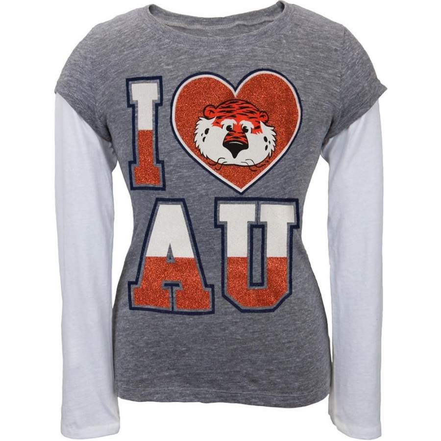 Auburn Tigers – Glitter I Heart Logo Girls Youth 2fer Long Sleeve T-Shirt