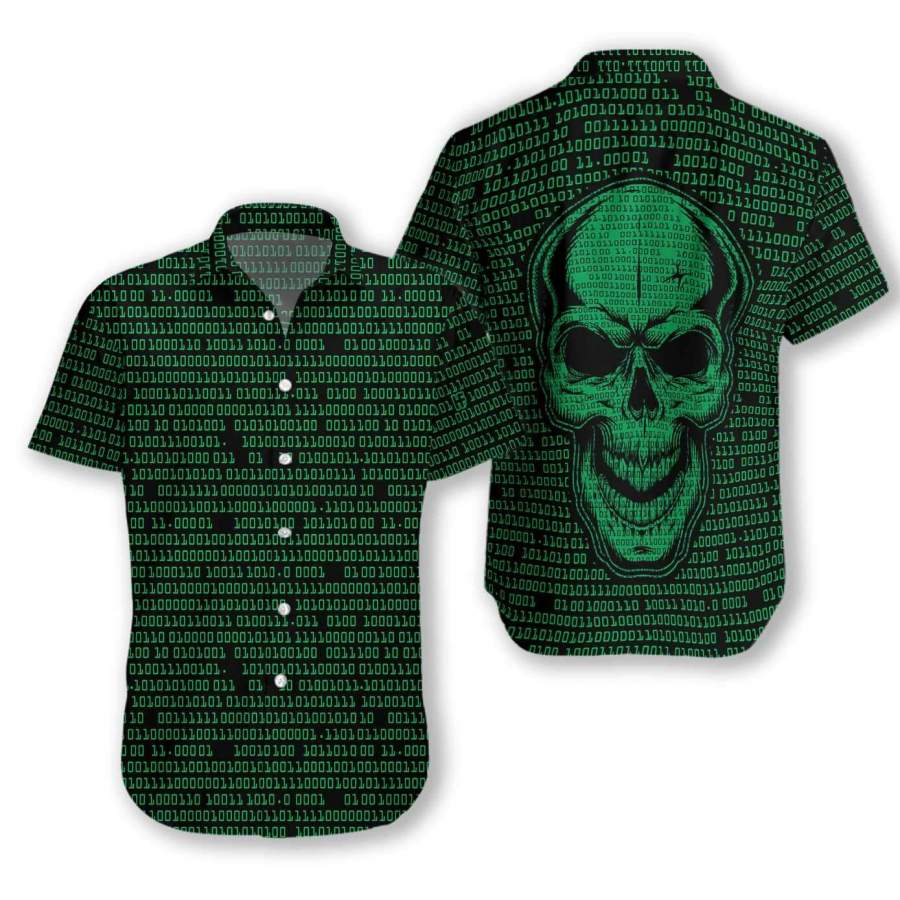 Binary Code Skull Dark Green Hawaii Aloha Shirts Ha110026