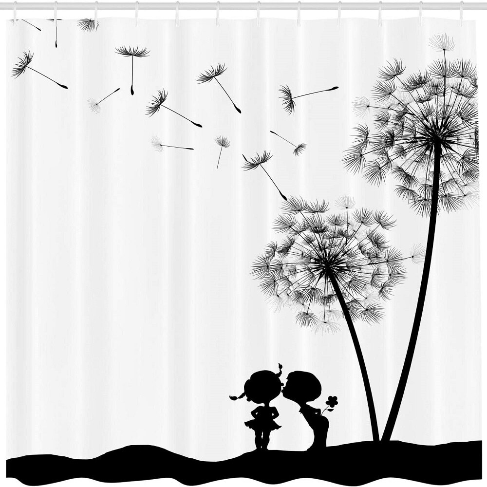 Black and White Shower Curtain, Little Boy and Girl Silhouette Under a Dandelion Monochrome Spring, Cloth Fabric Bathroom Decor alx