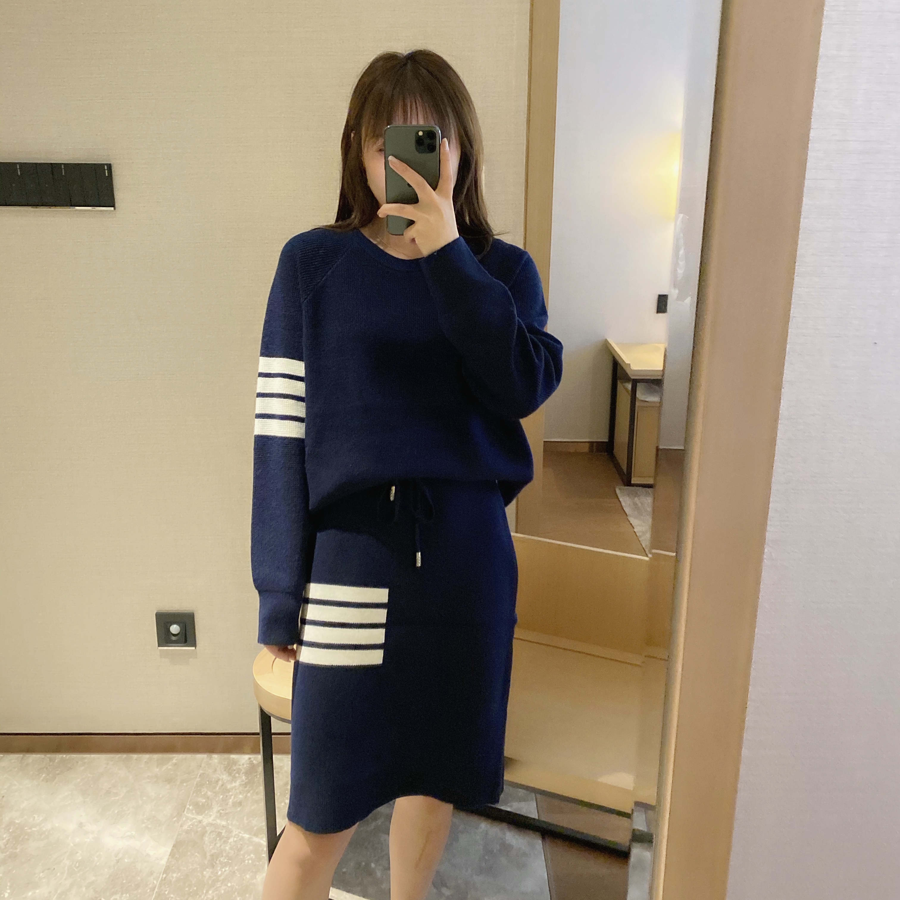 Autumn and Winter New TB Korean Style Four Stripes Waffle Stripe Wool Knitted Sweater Pullover Skirt Suit Two-piece Set alx