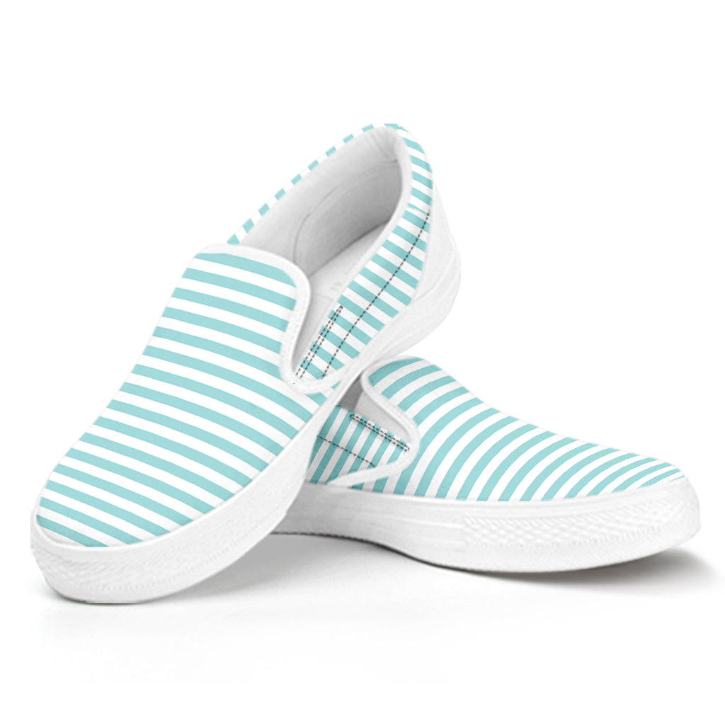 White And Cyan Striped Pattern Print White Slip On Shoes