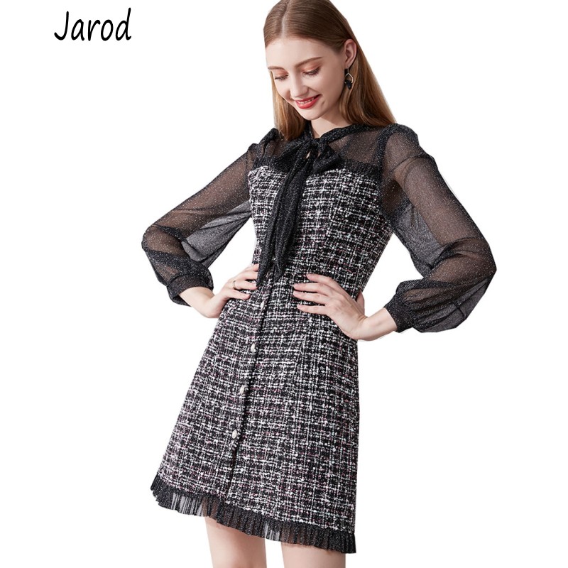 2019 Autumn Winter New Vintage Dresses Korean Women Elegant Mesh patchwork tweed Dress Party Long Sleeve Runway Vestidos alx