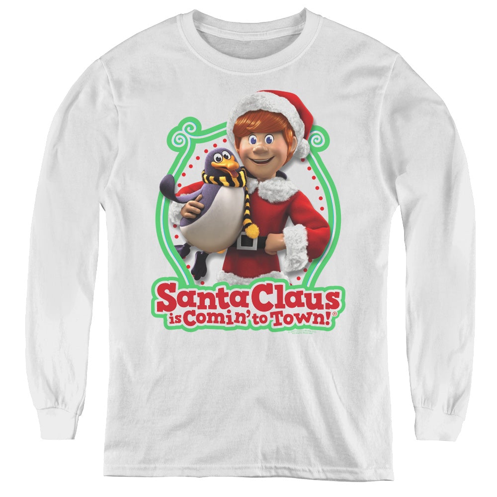 Santa Claus Is Comin To Town Penguin Long Sleeve Kids Youth T Shirt White