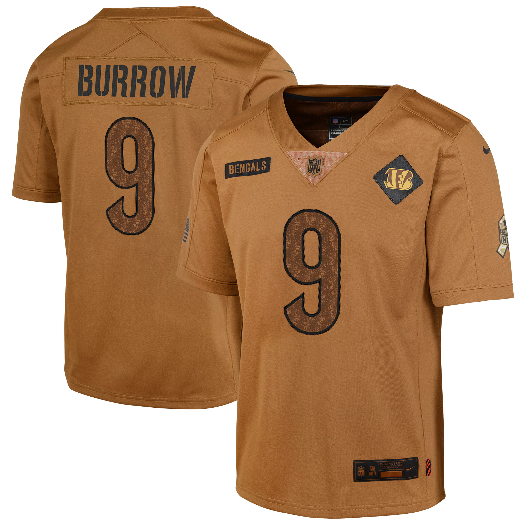 Youth Cincinnati Bengals Joe Burrow Brown 2023 Salute To Service Limited Jersey