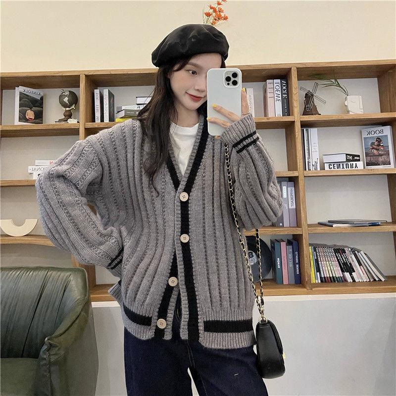 Women’s Autumn Winter Sweet Splice Knitted Cardigan V-neck Long Sleeve Sweaters Korean Casual Coat Women Chic Loose OutwearTop alx