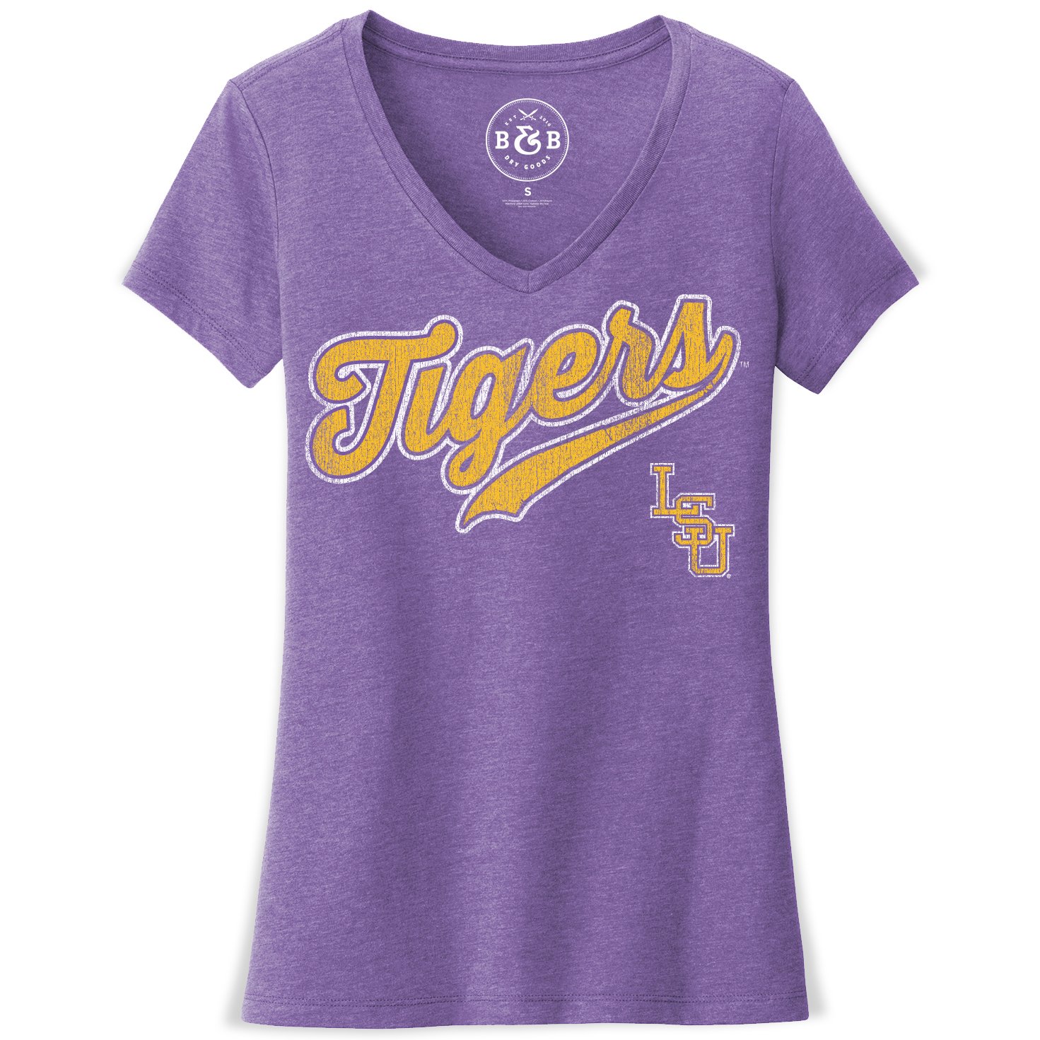 B&B Dry Goods LSU Tigers Baseball Skip Script Women’s V-Neck T-Shirt – Purple