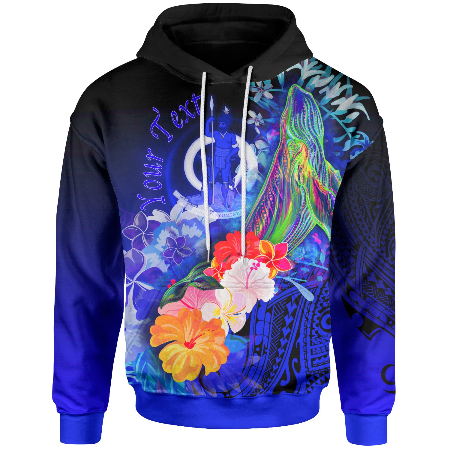 Vanuatu Custom Personalised Hoodie – Humpback Whale with Tropical Flowers (Blue)- BN18