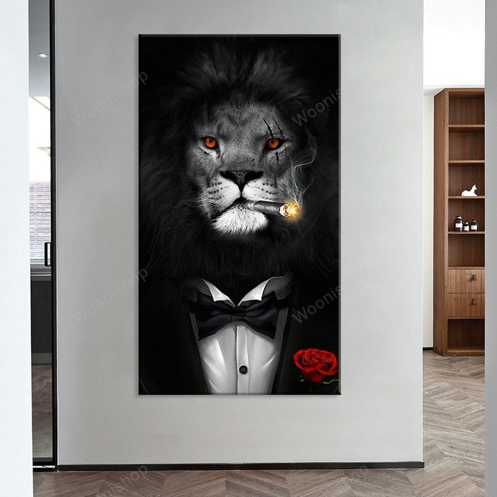 Smoking Lion Canvas Painting Business Suit Gentleman Animal Print Poster Living Room Wall Art Pictures Home Decoration Mural