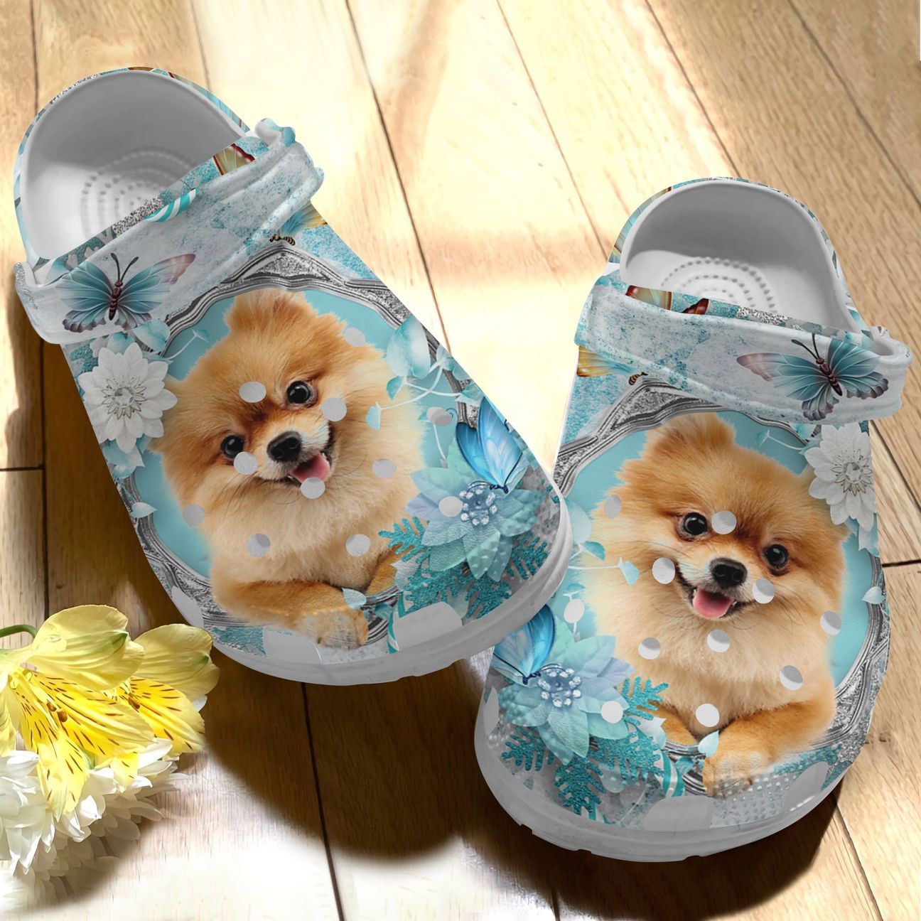 Pomeranian Personalized Clog, Custom Name, Text Pomeranian Blue Butterfly, Fashion Style For Women, Men, Kid, Print 3D